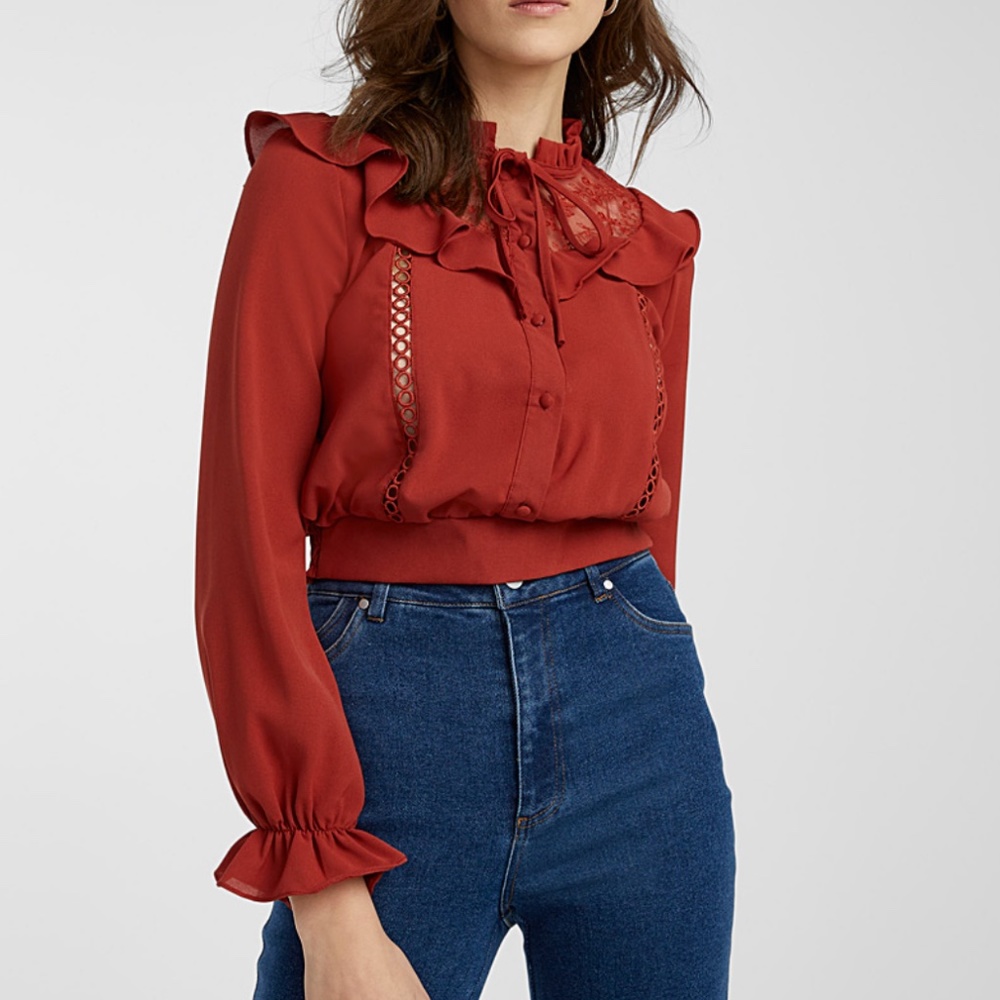 Milk and Honey brick red romantic boho ruffled neck long sleeve blouse NWT